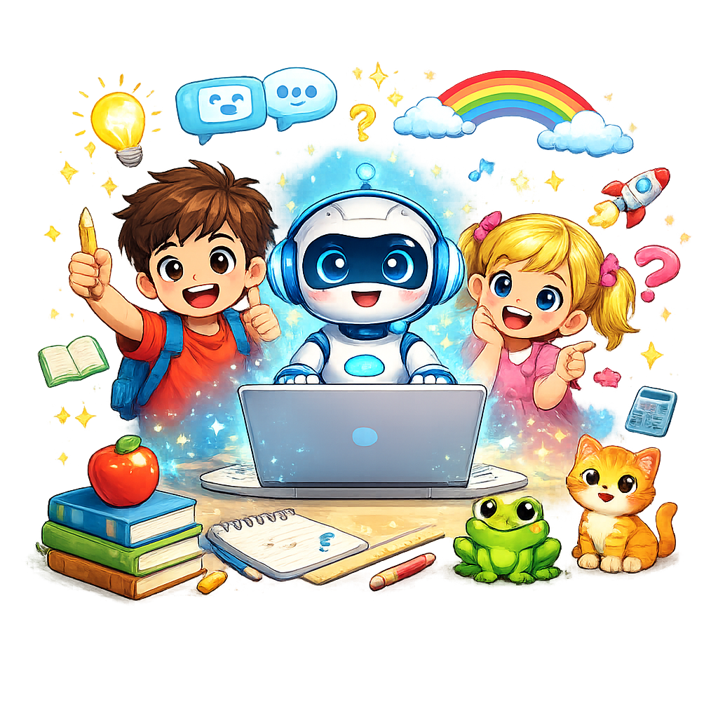 Two happy children and a friendly AI buddy with books, a laptop, a rainbow, a kitten and a frog